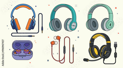 Set of flat vector illustrations of headphones, earphones, and wireless earbuds.