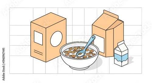 Healthy breakfast bowl cereal milk spoon boxes carton morning meal food