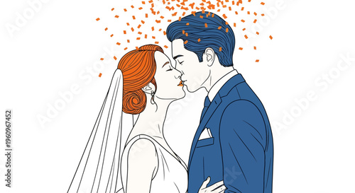 Romantic bride and groom kissing with falling confetti celebrating their happy wedding day marriage ceremony and love event