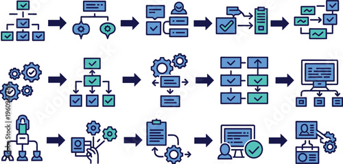 Workflow automation and business process management icon set with task flow diagrams checklists system integration and data operations vector illustration