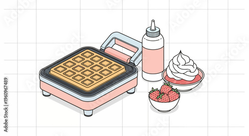 Waffle iron syrup berry cream bowl food art set icon app web kit ad up