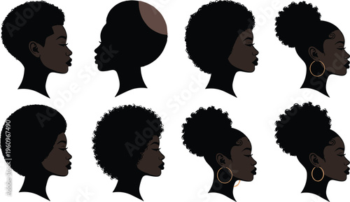 Collection of African woman profile silhouettes with natural afro hairstyles diverse female faces isolated on light background minimal flat vector illustration beauty set