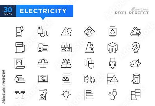 Electrical Energy icons. Power, energy warning signs, engineering, battery, signal vector icons. Editable stroke