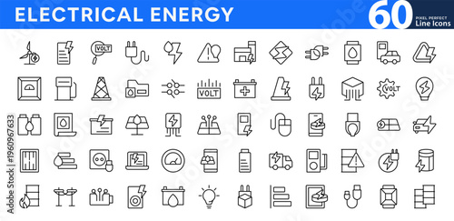 Electrical Energy line icon collection. Power, energy distribution, electrical tools, socket, plug, warning signs, engineering, battery, signal vector icons. Editable stroke
