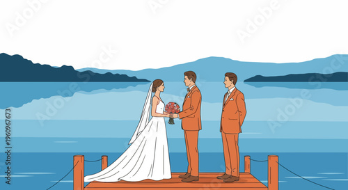 A Man And Wife To Wed On Pier By Blue Lake And Big Hill View Now Today