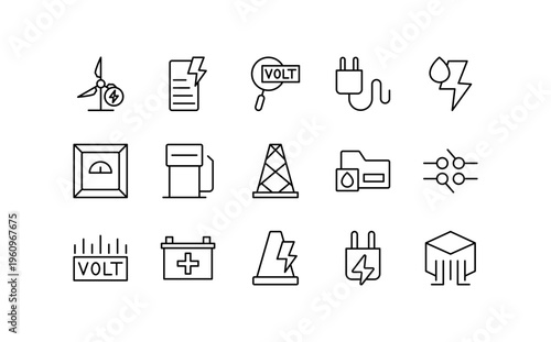 Electrical Energy line icons. Electrical tools, socket, plug, warning signs, engineering, battery, signal vector icon pack