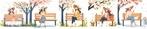 vector of a woman sitting on a park bench drinking orange juice in spring