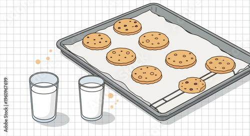 Freshly baked chocolate chip cookies on a tray with parchment paper and two glasses of milk for a delicious snack time treat