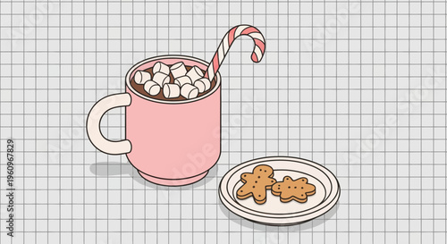 A mug of hot cocoa with pink cane and small sweet cookies on a plate
