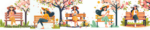 vector of a woman sitting on a park bench drinking orange juice in spring