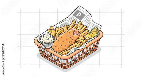 British Fish and Chips Meal Served in Basket with Fresh Lemon and Tartar Sauce Dip
