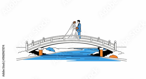 Bride and groom wedding couple standing on a bridge over a river in park vector illustration