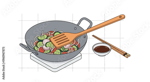 Wok pan stir fry veg with spoon bowl and sticks on white tile food art