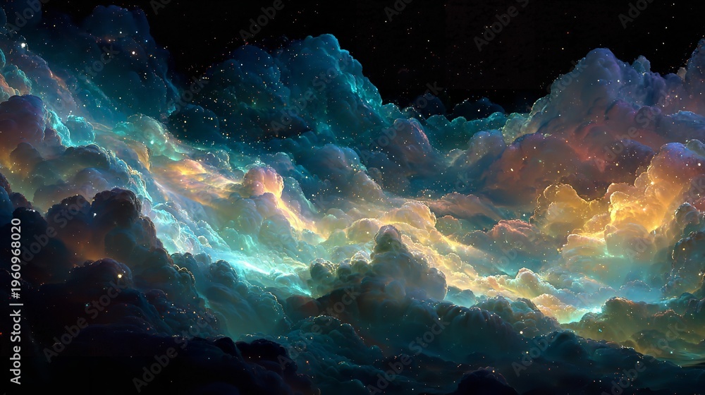 Obraz premium Abstract illustration of a nebula with multiple clouds of colors floating in space.