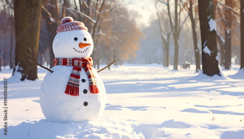 Obraz premium A snowman in a snowy forest with trees