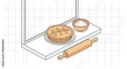 Hot pie on sill with flour bowl and rolling pin in a cozy home kitchen