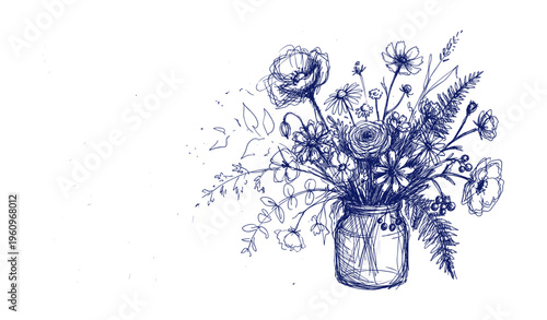 Hand-drawn floral bouquet sketch in jar with wildflowers and leaves