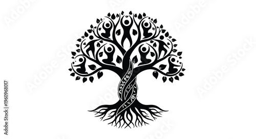 black and white tree with roots and leaves illustration