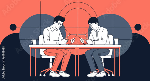 Two men at desk use tablet in flat vector art for office web ui app