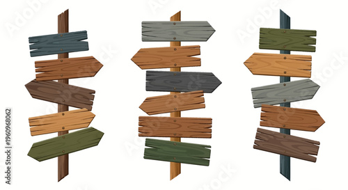 Vector illustration depicting three rustic wooden signposts with varied arrow boards, symbolizing choices, directions, and diverse ways.