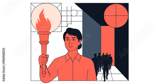 Lady With Torch Lead Men In Dark Way To Find Light For Hope And Goal