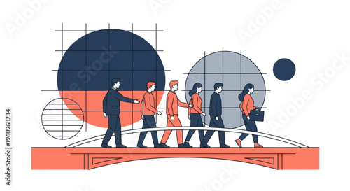 Group of business people walking across bridge symbolising career growth progress transition success and professional achievement in vector illustration