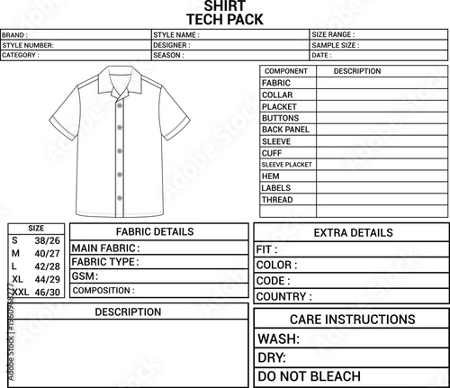 Shirt Tech Pack Template with Flat Sketch Front and Back View Editable Garment Specification Sheet