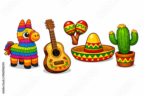 Mexican Party Accessories Cartoon Set: Piñata, Guitar, Maracas, Sombrero and Cactus Illustration