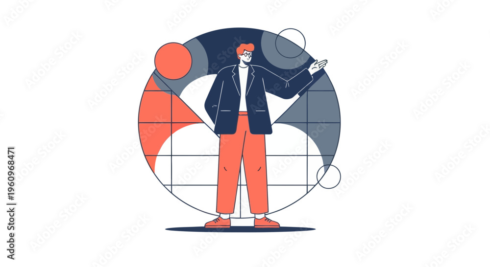 Obraz premium Man in a suit is standing in front of a circle with a grid pattern
