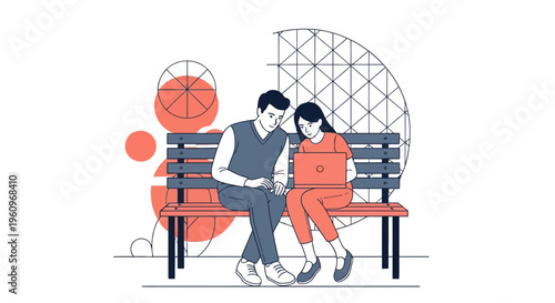 Man woman sitting bench working together laptop computer park outdoor lifestyle technology collaboration digital teamwork meeting web