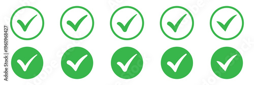 Check Mark Circle Icons Set – Outline and Solid Tick Symbols for Approval, Success and UI Validation Vector. Modern green and black check mark icons set in circles vector illustration. 