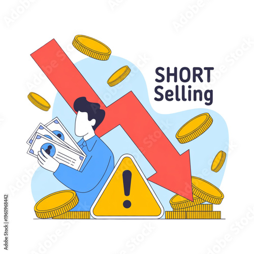 Man holding banknotes with down arrow.