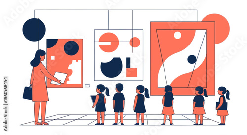 Teacher and kids see art at a museum with many small and tall art pics