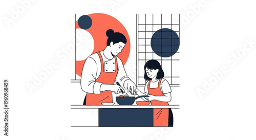 Parent and child cooking together in kitchen wearing aprons making healthy meal for family dinner