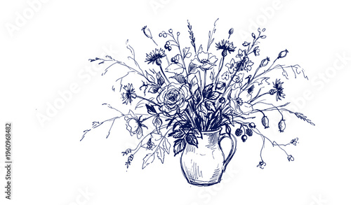 Intricate black and white sketch of a floral bouquet in a ceramic jug