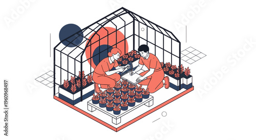 Man and woman work in a farm to grow a plant in a glass house area