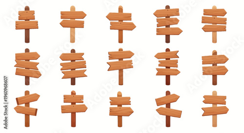 Various rustic wooden directional signs and arrow pointers on posts, isolated graphic elements for navigation, choice, and pathfinding concepts.