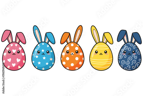 Festive Easter eggs decorated with adorable bunny ears and whimsical patterns, celebrating the joy of spring and holiday traditions