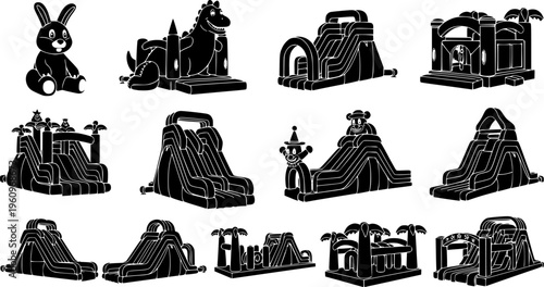 Inflatable Bouncy Castle and Water Slide Collection - Children's Amusement Park Equipment Vector Set