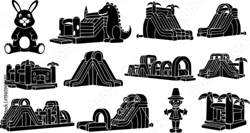 Inflatable Bouncy Castle and Water Slide Collection - Children's Amusement Park Equipment Vector Set