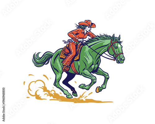 Retro style cowgirl riding horse. Western vintage artwork. Cowboy graphic print. Rodeo t shirt design. Wild west illustration.