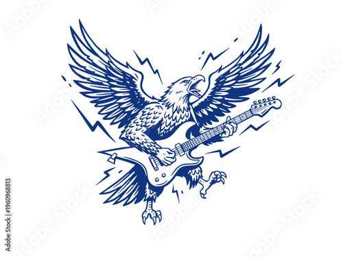 Eagle guitar vector artwork design for t-shirt. Rock and roll graphic print design for apparel. Music tour logo design. Heavy metal bird. Cool art.