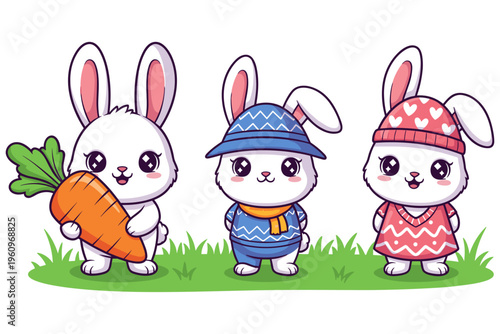 Cute cartoon bunnies dressed in winter clothing holding a carrot and standing in green grass with a white background, perfect for Easter and spring themes