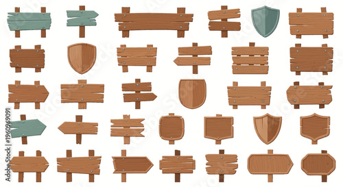 Collection of various rustic wooden signposts, arrow pointers, and shield illustrations, perfect for guiding and vintage wayfinding.