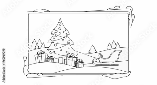 Winter scene with decorated tree, gifts, and a sleigh on snowy hills