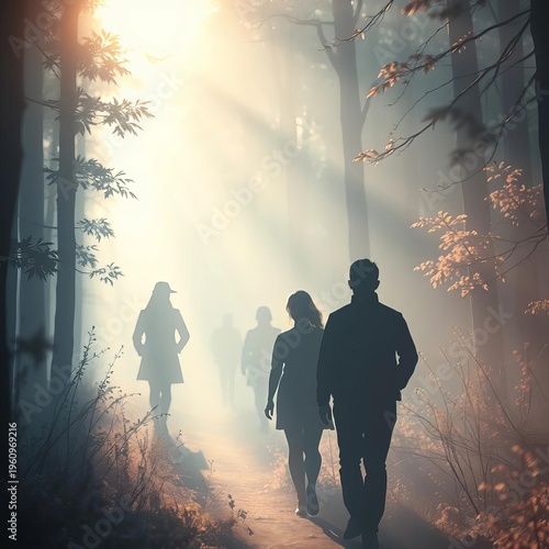 Soft hues guide silhouettes through an ethereal forest, a beacon of gentle guidance,  mentorship,  support
