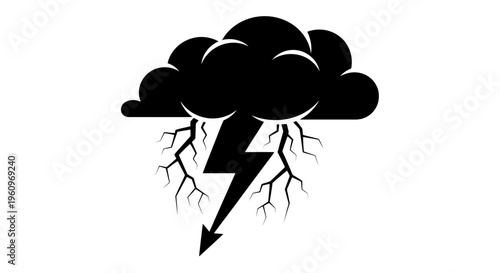 Black silhouette of a storm cloud with lightning bolt and cracks