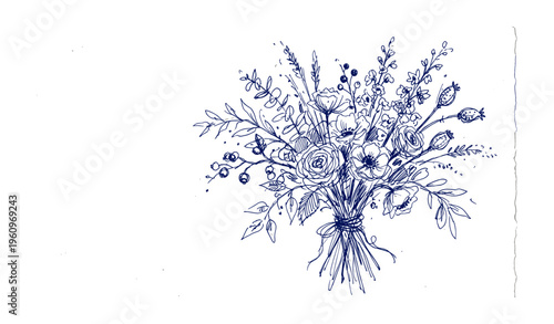 Intricate blue ink floral bouquet sketch with delicate wildflowers and leaves