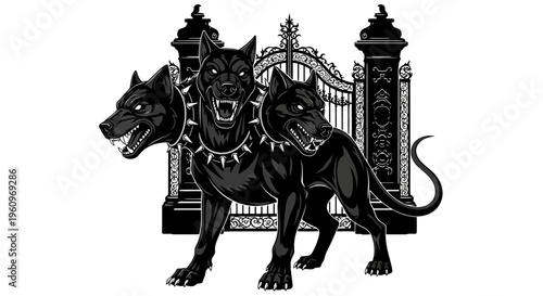 Three headed dog standing in front of an ornate gate fiercely guarding entrance