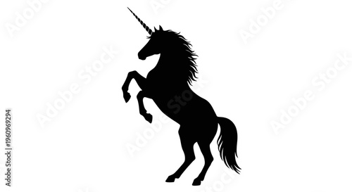 Black silhouette of a unicorn rearing up on its hind legs